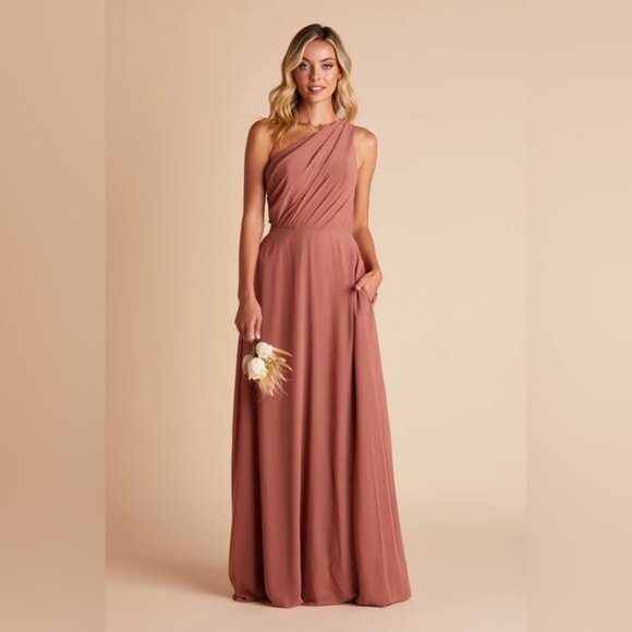 Birdy Grey Kira One Shoulder Chiffon Desert Rose Bridesmaid Maxi Dress NWT - Picture 3 of 3